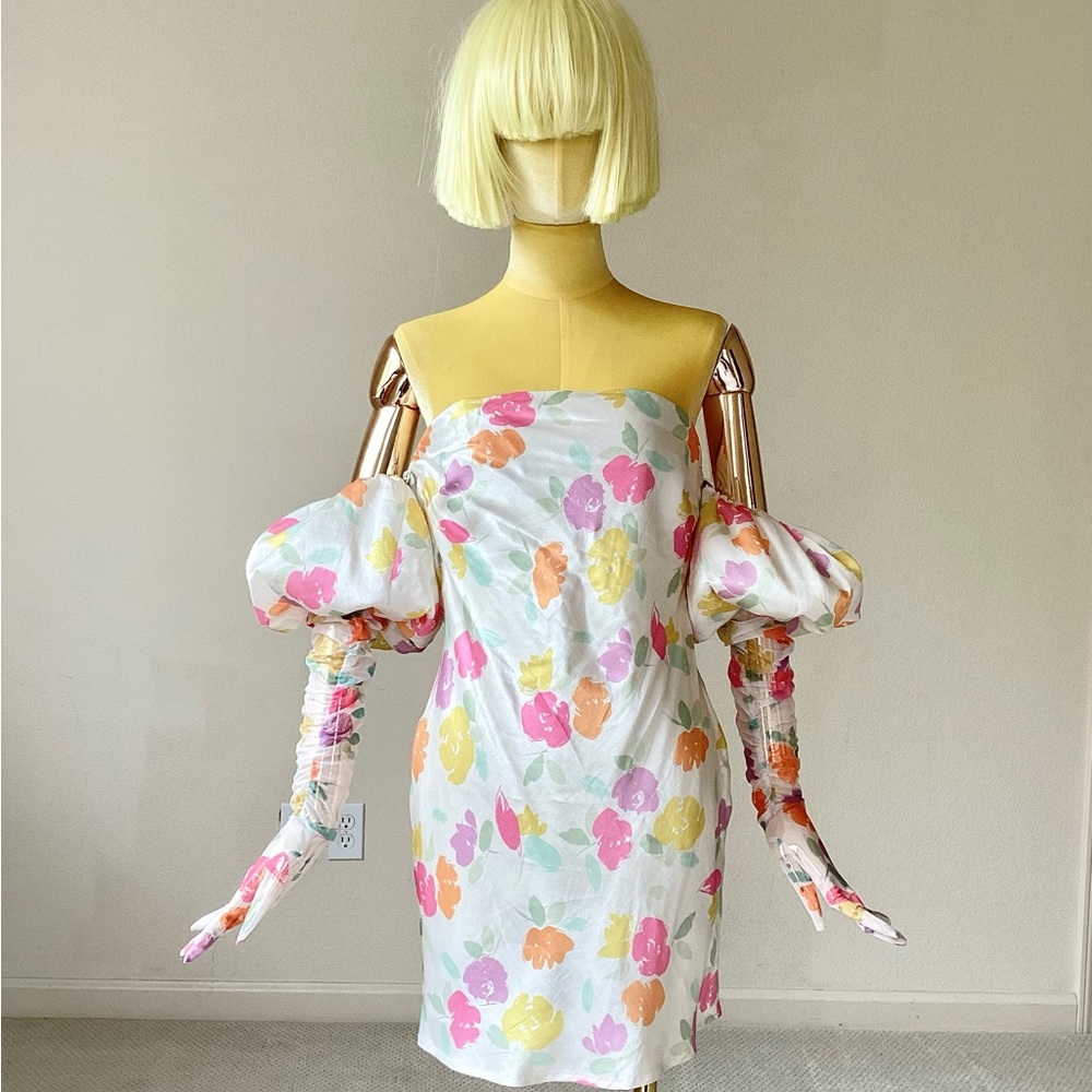 For Love & Lemons White Floral Print Long Sleeve Mini Dress NWT SZ S